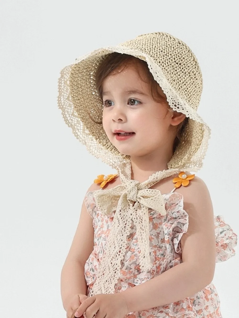 Kids Crochet Sun Hat - Cream Straw Beach Hat with Tie